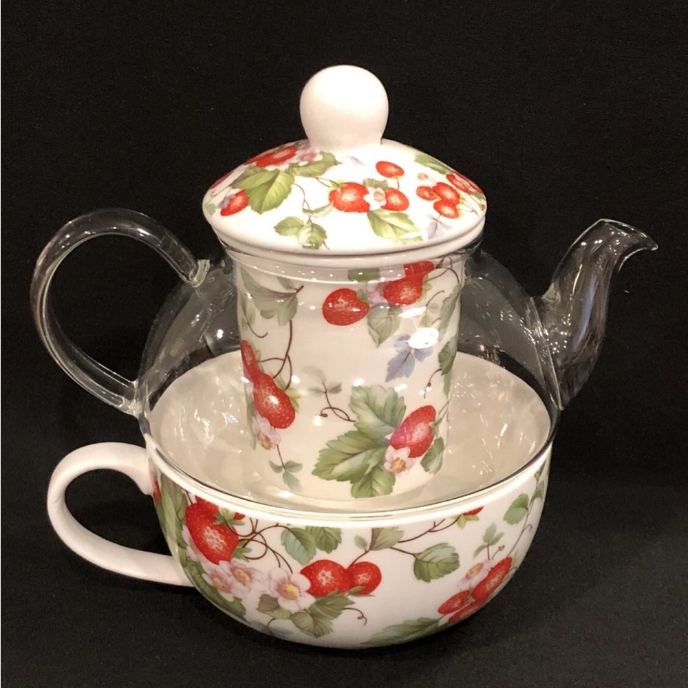 NEW Grace Teaware 5-Piece Glass Porcelain 13OZ Tea For One w/ Infuser Strawberry